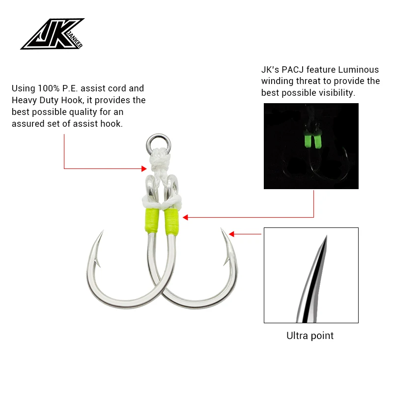 JK PACJ Fishing Power Twin Assist Hooks Set 1/0-11/0 Luminous Heavy Jig Hook Boat Fishing Accessories Saltwater Fishhooks