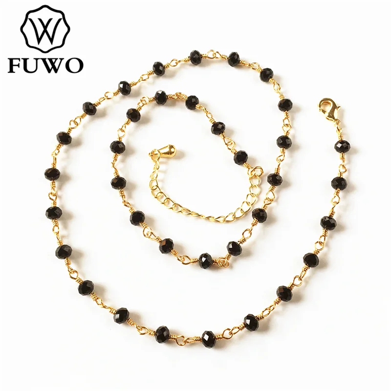 FUWO Wholesale Handmade Black Spinels Winding Chains,Anti-Tarnish Golden Plated Brass Necklace For Jewelry Making 5Pcs/Lot NC014