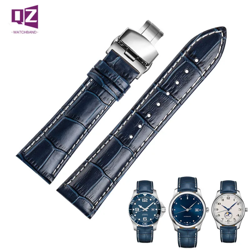 COW LEATHER Watch Strap 18 19 20mm 21 22mm watchband for Longines citizen watch band blue White stitche Genuine leather bracelet