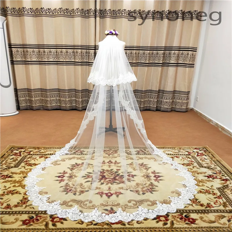 

cathedral wedding veil voile de mariee Lace Long Wedding Veils Ivory White One layers Tulle wedding accessories