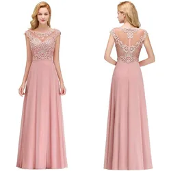 Pink Chiffon Long Bridesmaid Dresses 2019 Elegant A line Sleeveless Wedding Party Guest Gown Applique Pearl vestido madrinha