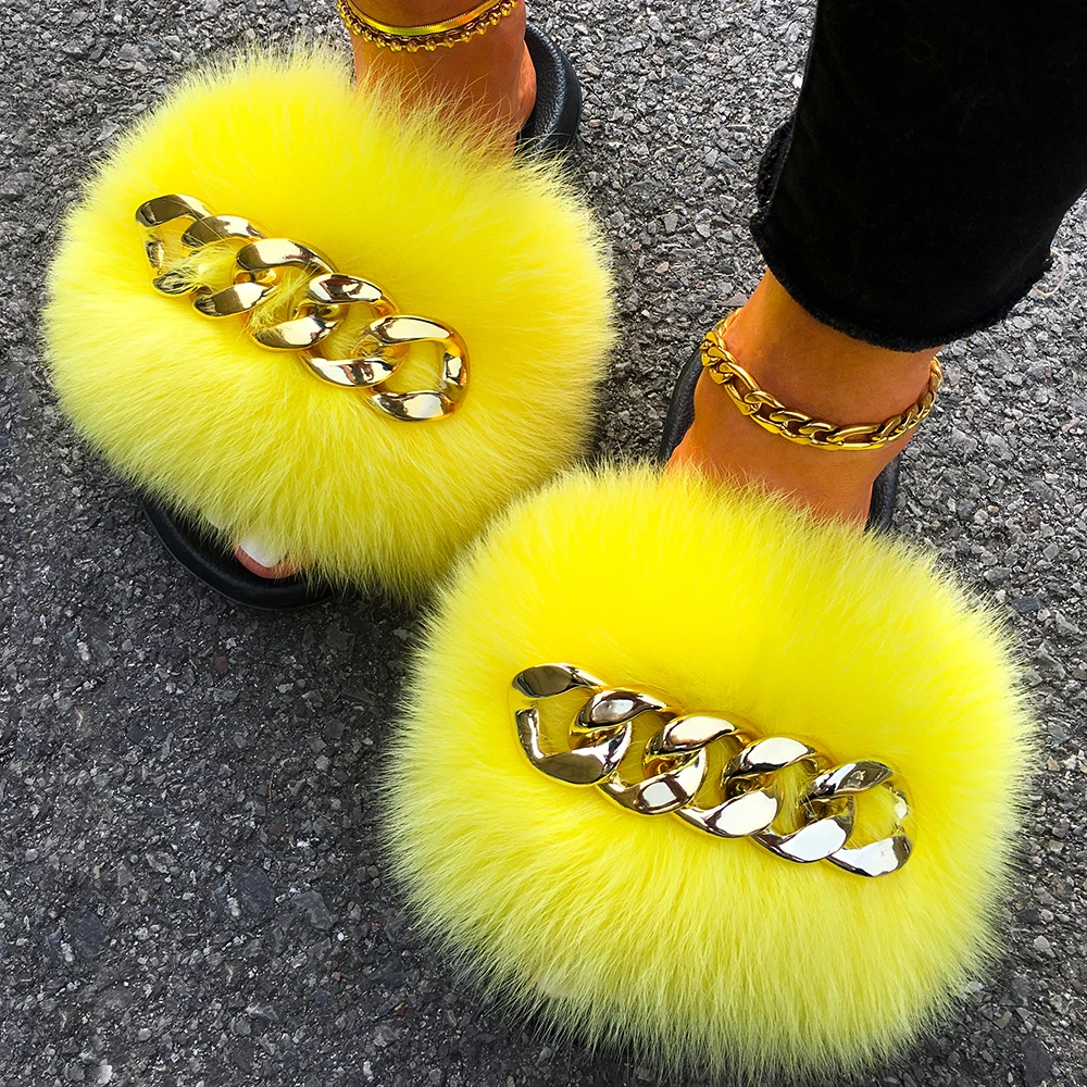 Women Summer Sandals Fashion Fluffy Flip Flops Real Fox Raccoon Fur Slippers Gold Chain Furry Fur Slides Plush Beach Slippers