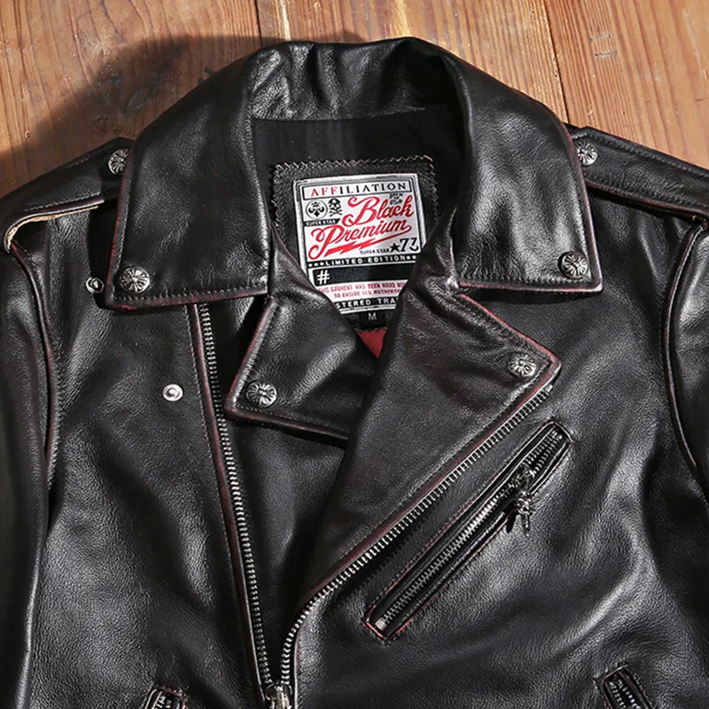 Vintage Brown Motorcycle Style Genuine Leather Jacket Men Plus Size 3XL Real Natural Cowhide Autumn Slim Fit Biker Coat