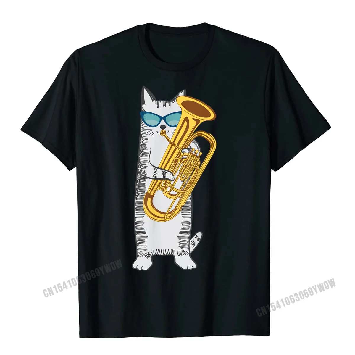 Tuba Cat Wearing Retro Sunglasses For Low Brass Players T-Shirt Men Customized Cotton Men Tops Tees Summer Brand Tshirts