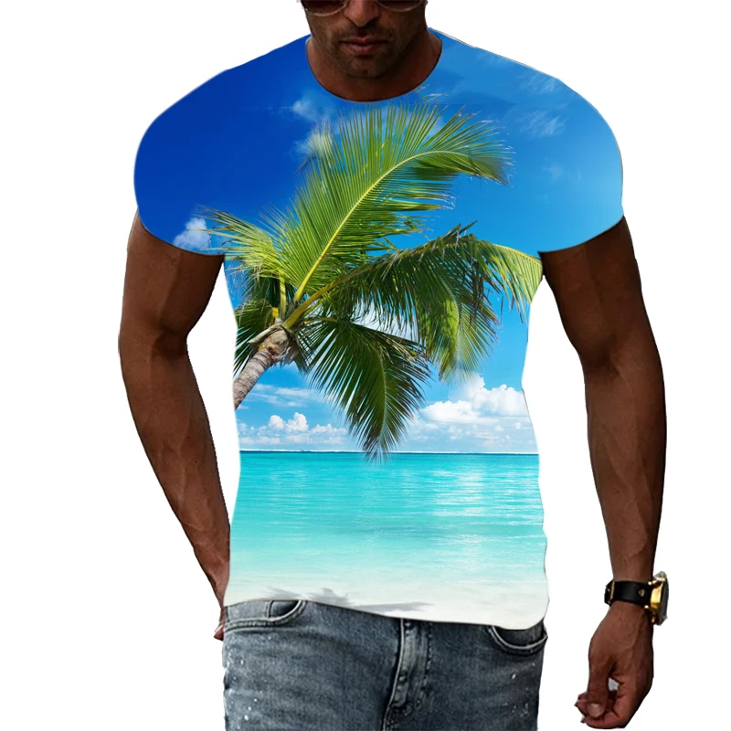 Summer Men Fashion Beach Scenery graphic t shirts Casual Interesting Scenery Print short sleeve t-shirts Hip Hop Harajuku tshirt