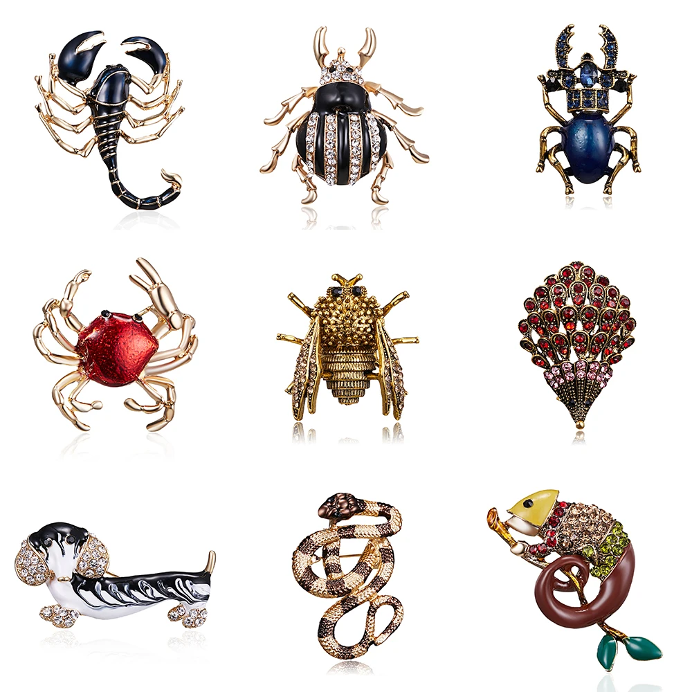 Rinhoo Enamel Lizard Snake Scorpion Crab Hedgehog Brooches Rhinestone Bee Beetle Vintage Insect Corsage Brooch Jewelry Wholesale