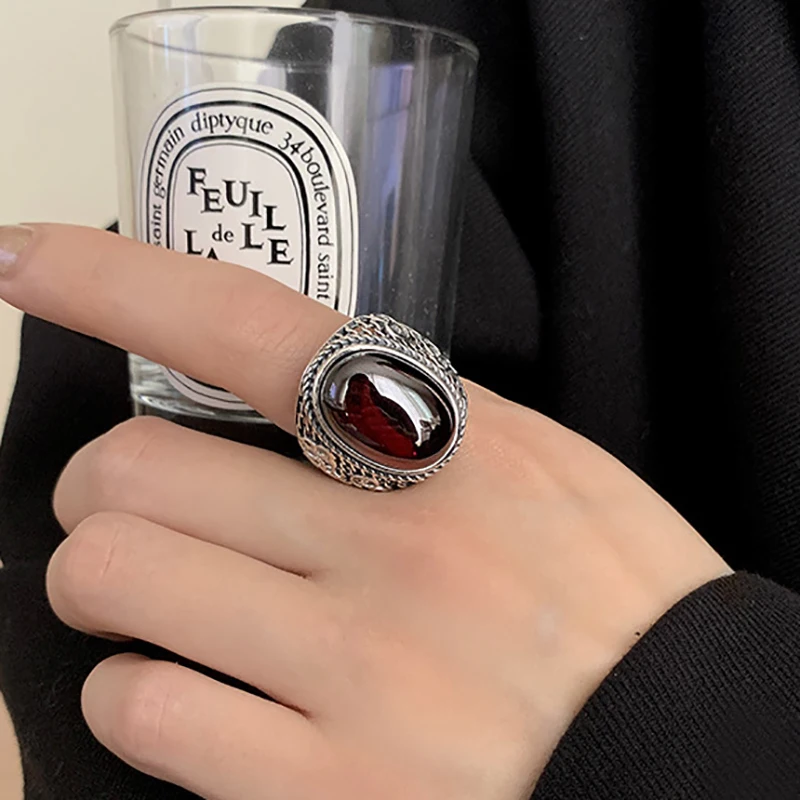 FOXANRY Silver Color Red Zircon Ring for Women Trendy Elegant Hollow Geometric Vintage Handmade Luxury Ring Party Jewelry
