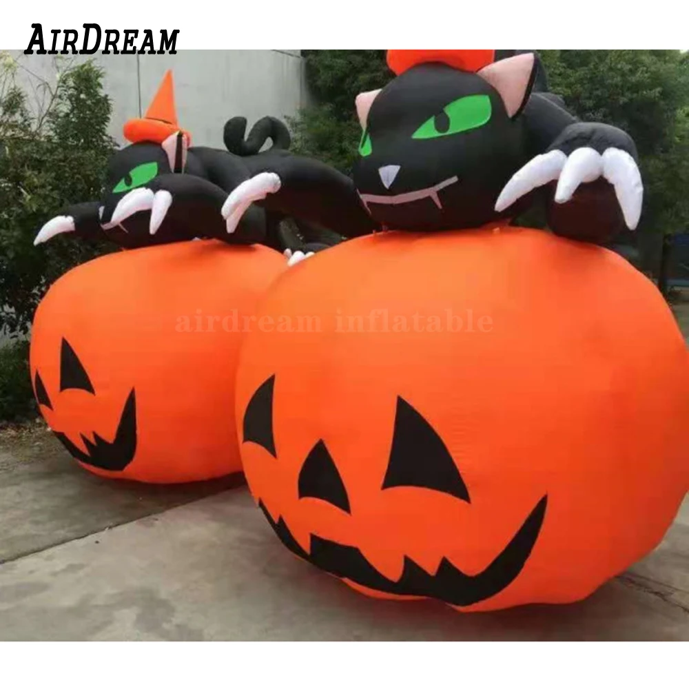 Hot Sale High Quality Large Inflatable Pumpkin With Black Evil Cat Crazy Halloween party decoration