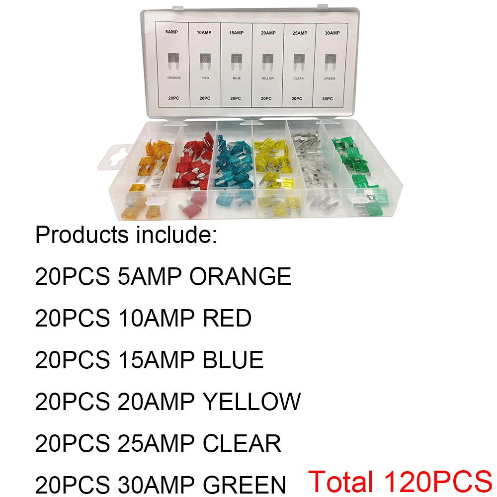 120PCS/Box Profile Mini Small Size Blade Car Fuse Assortment Set For Auto Car Truck 5/10/15/20/25/30A Fuse With Plastic Box