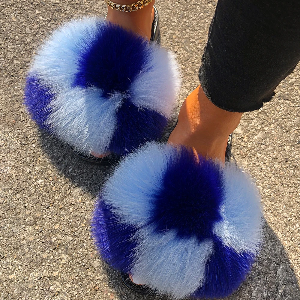 Fluffy Flip Flops Real Fox Fur Slippers Ladies Furry Fur Slides Plush Beach Slippers Flat Heel Summer Sandals Women House Shoes