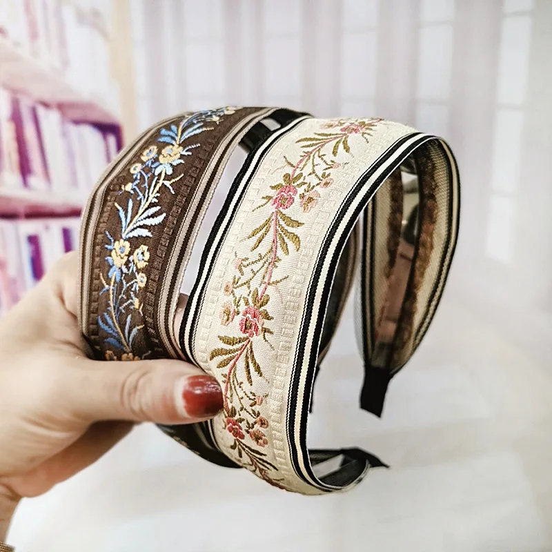 New Product Headband Fashion Retro Embroidery Flower Ribbon Hair Accessories Headband Wide Brim Ladies Headwear Hairpin