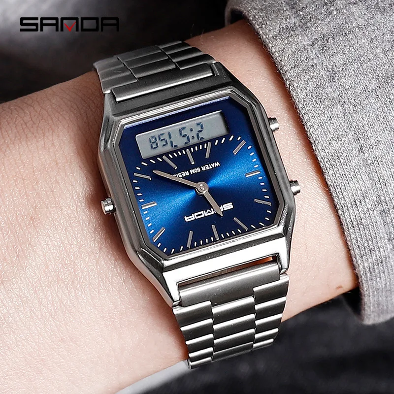 Fashion Sanda Brand Men Watches Retro Stainless Steel Band Digital Display erkek kol saati zegarek damski relogios Wristwatches