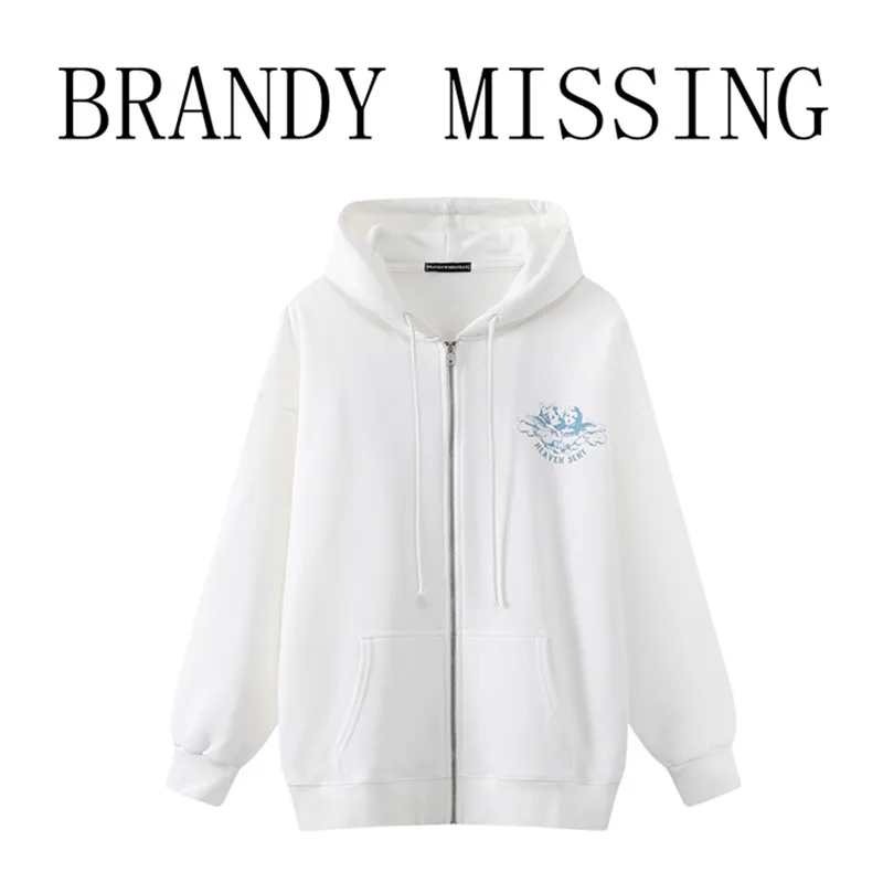 Oversize Girls Soft Cotton Hoodies Casual 2022 Spring Office Ladies Pullovers Loose Women Angel Print Mid-length Zipper Hoodie