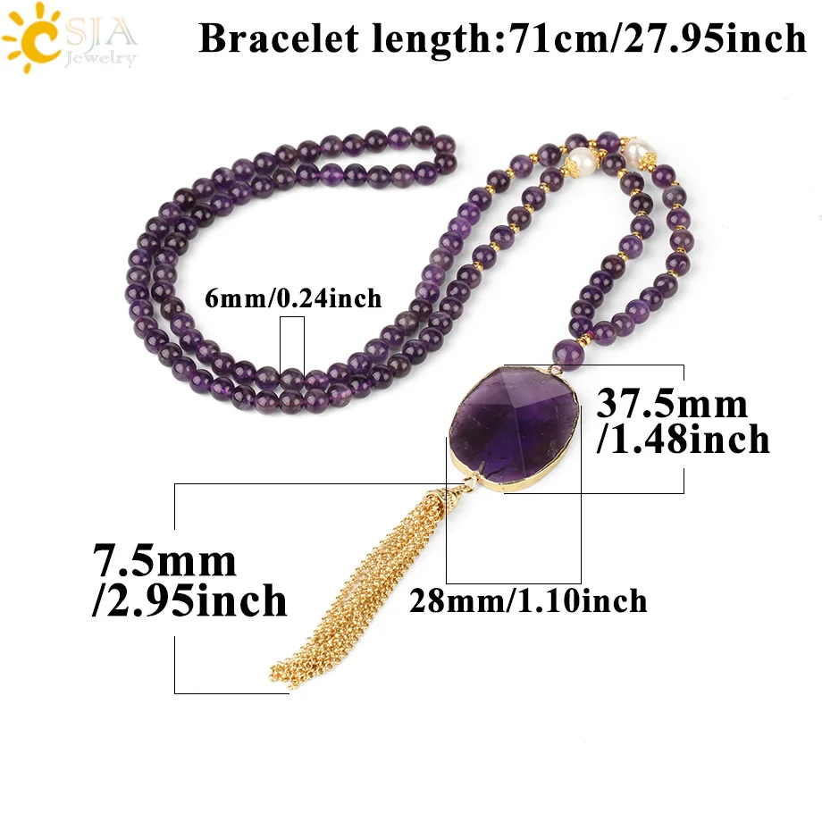 CSJA Amethysts Necklace Natural Stone Long Beads Purple Necklaces for Women Pendant Boho Gold Color Tassel Collar Amatista S470