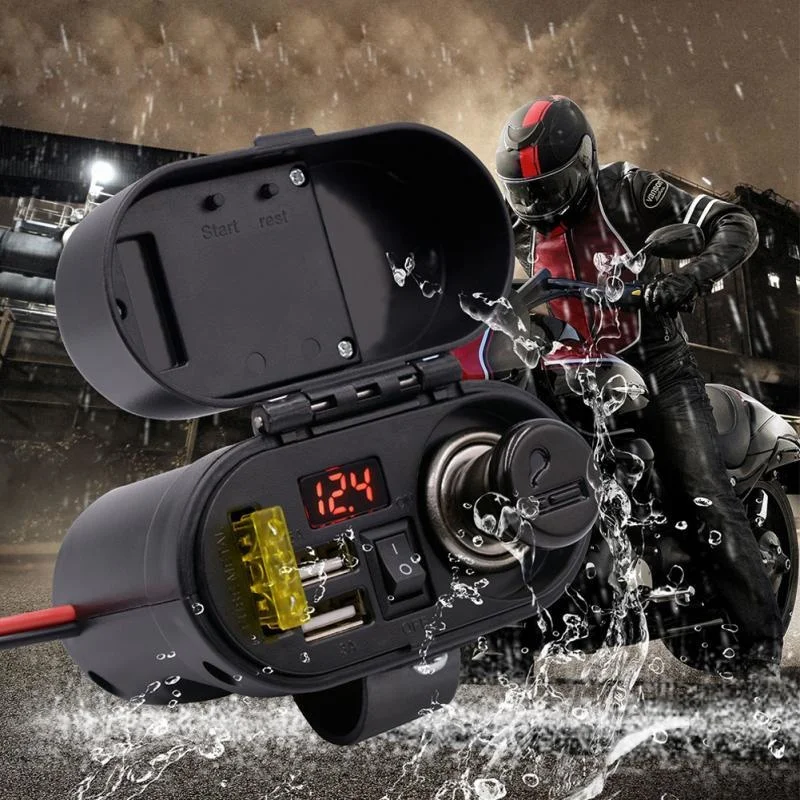 Motorcycle Waterproof Car Cigarette Lighter Socket Kit Dual Moto Usb Charger Power LED Voltmeter Time Display For Boat ATV