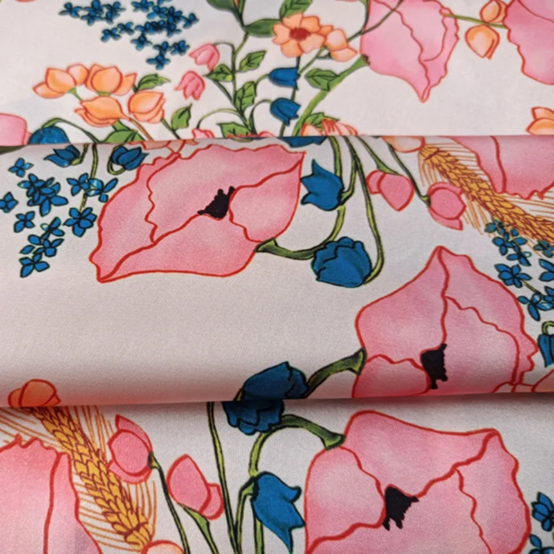 High-quality polyester satin dress shirt white poppy pattern meter custom fashion flower printed cloth diy sewing fabric