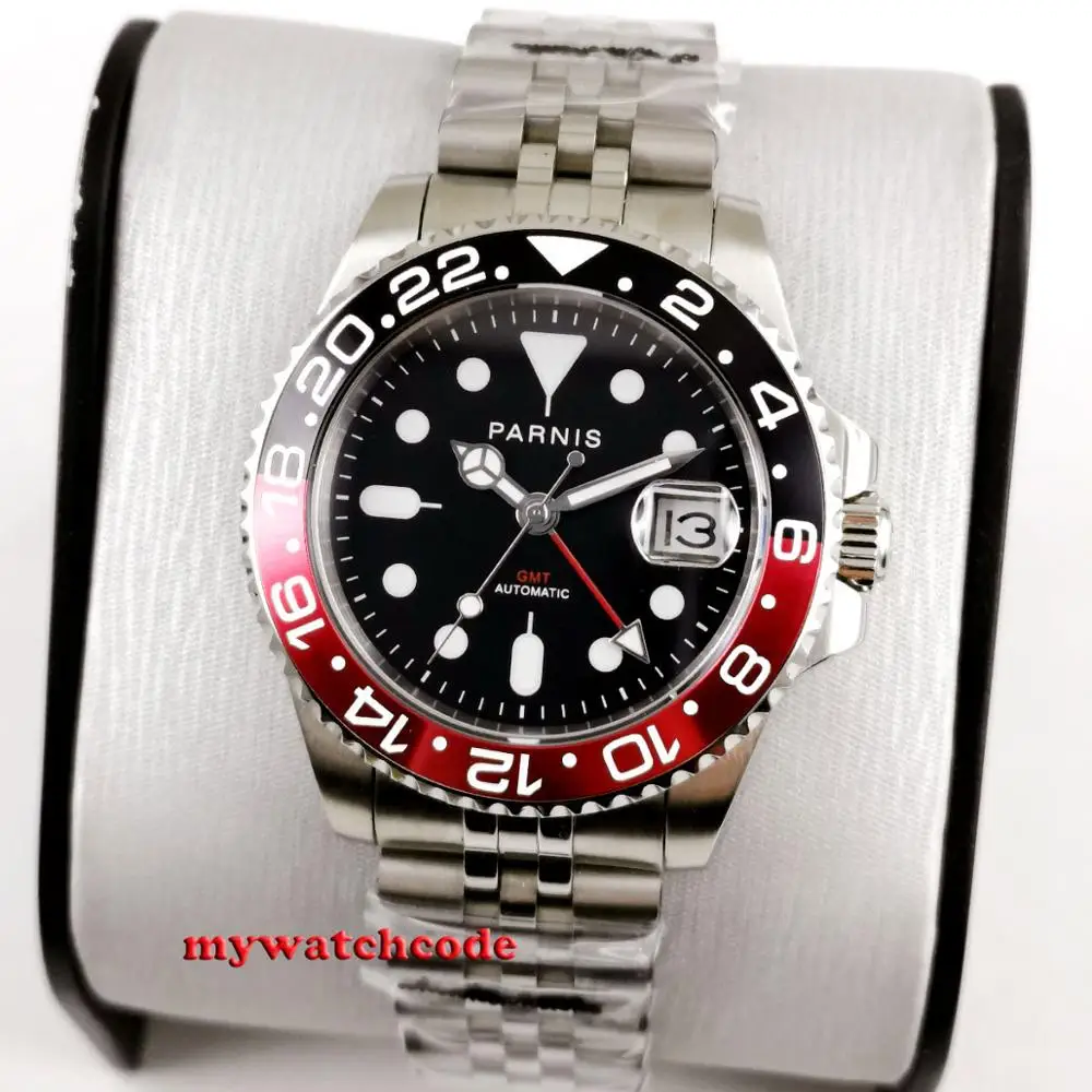 40mm PARNIS Brand Luxury Mens Watches GMT Automatic Black Watch Men Stainless Steel Business Sport Mechanical Wristwatch