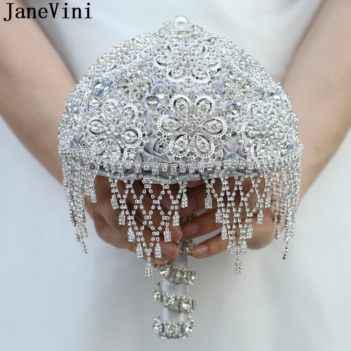 JaneVini Luxury Full Diamond Jeweled Silver Gray Bridal Bouquets Bling Crystal Artificial Satin Roses Bride Wedding Accessories