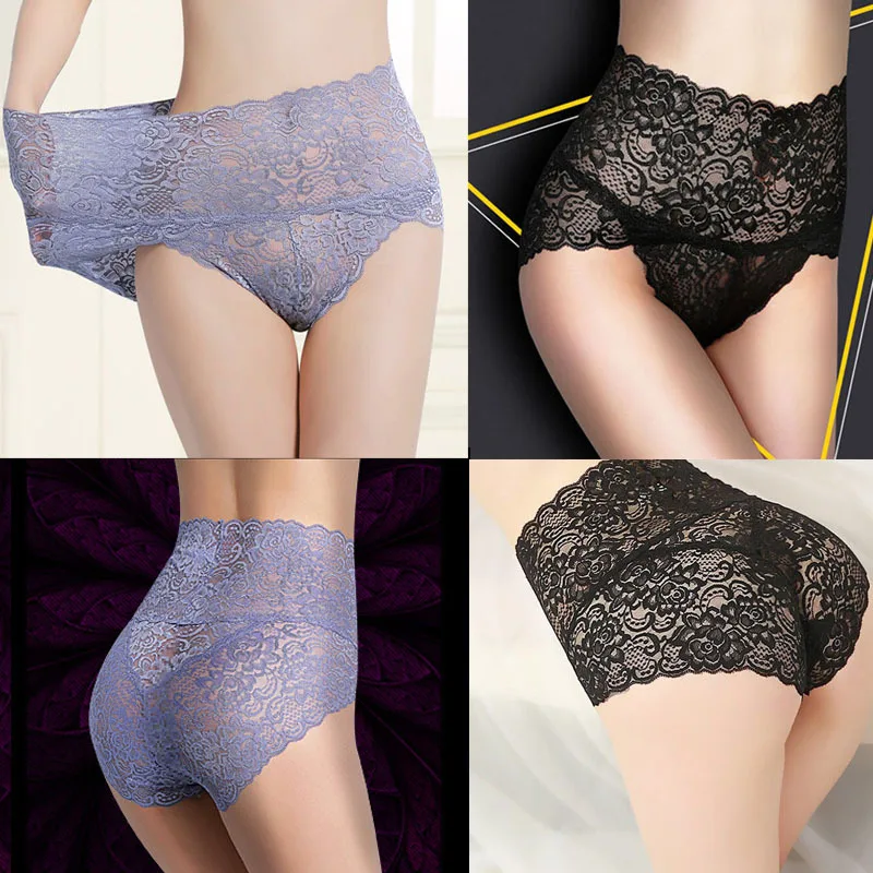 

High-waist lace panties feminine temptation no trace large size hips abdomen transparent briefs women's underwearintimateclothes