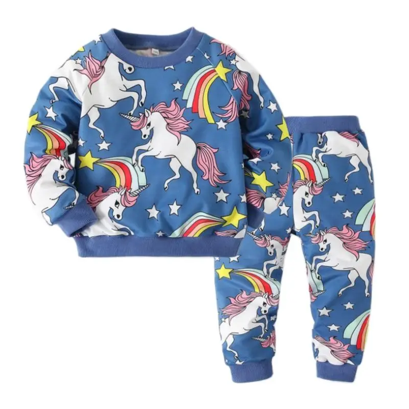 

2021 Spring Autumn Girls Fashion Kids Set Long-sleeved printingT-shirt Top Pants 2-piece Set Baby BoyCartoons movement Set 1-5Y