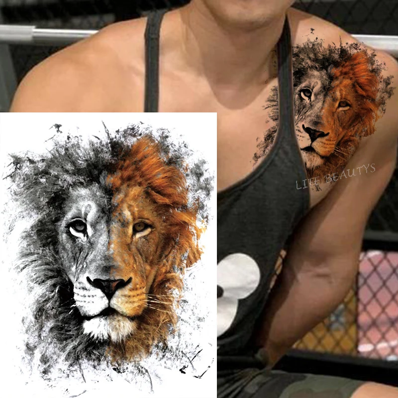 Tatuagem temporária de leão tigre, adesivo à prova d\'água fashion legal para homens e mulheres, arte corporal de animais, braço removível,