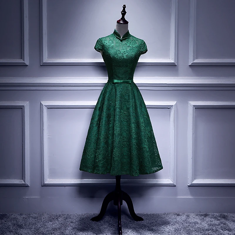 Elegant High Collar Prom Dress Short Sleeves R1243 Green Plus Size Zipper Prom Dresses A Line Tea Length Lace Women Party Gowns