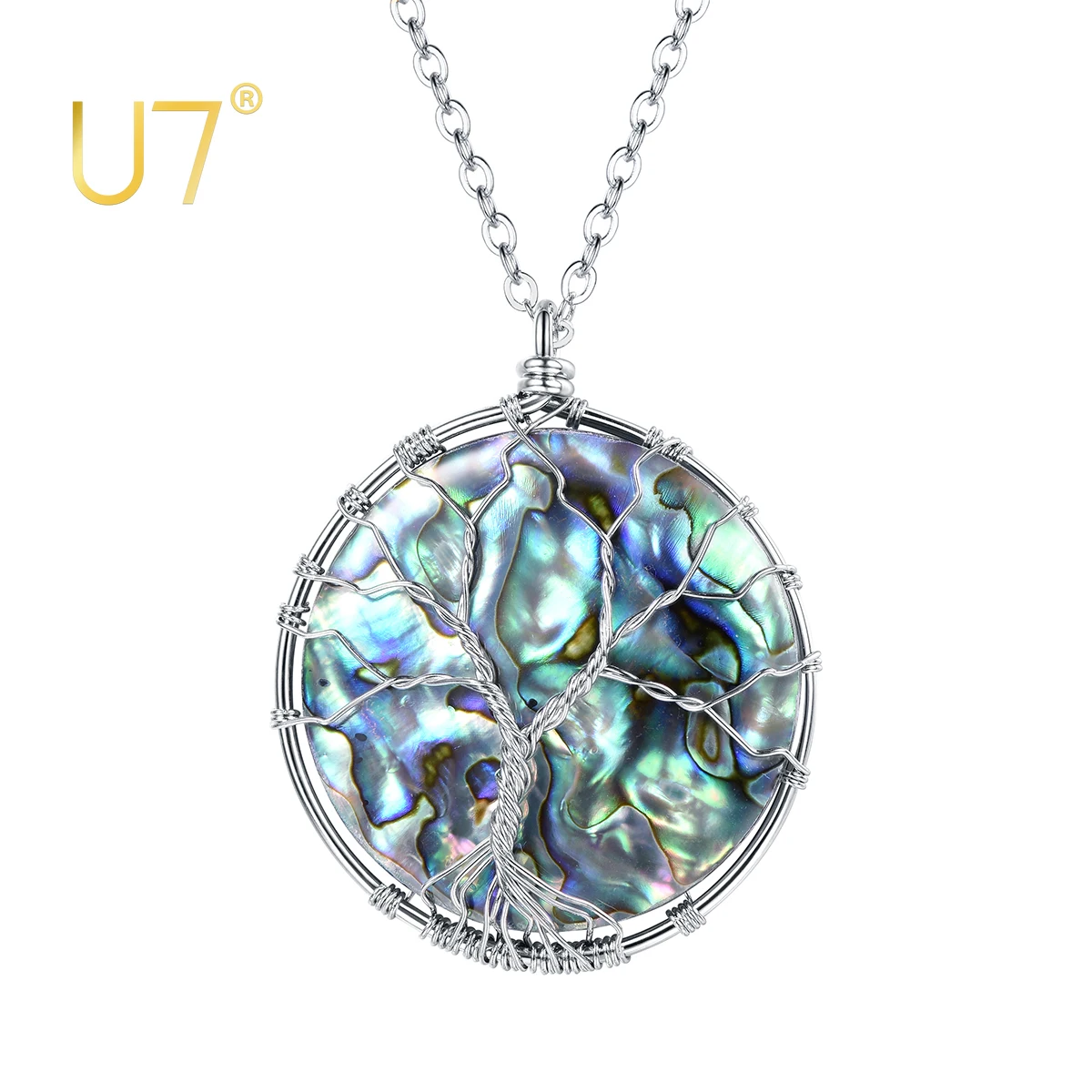 

U7 Tree of Life Natural Abalone Shell Pendant Necklace Boho Jewelry Round Healing Stone Wire Wrapped Stylish Necklace for Women