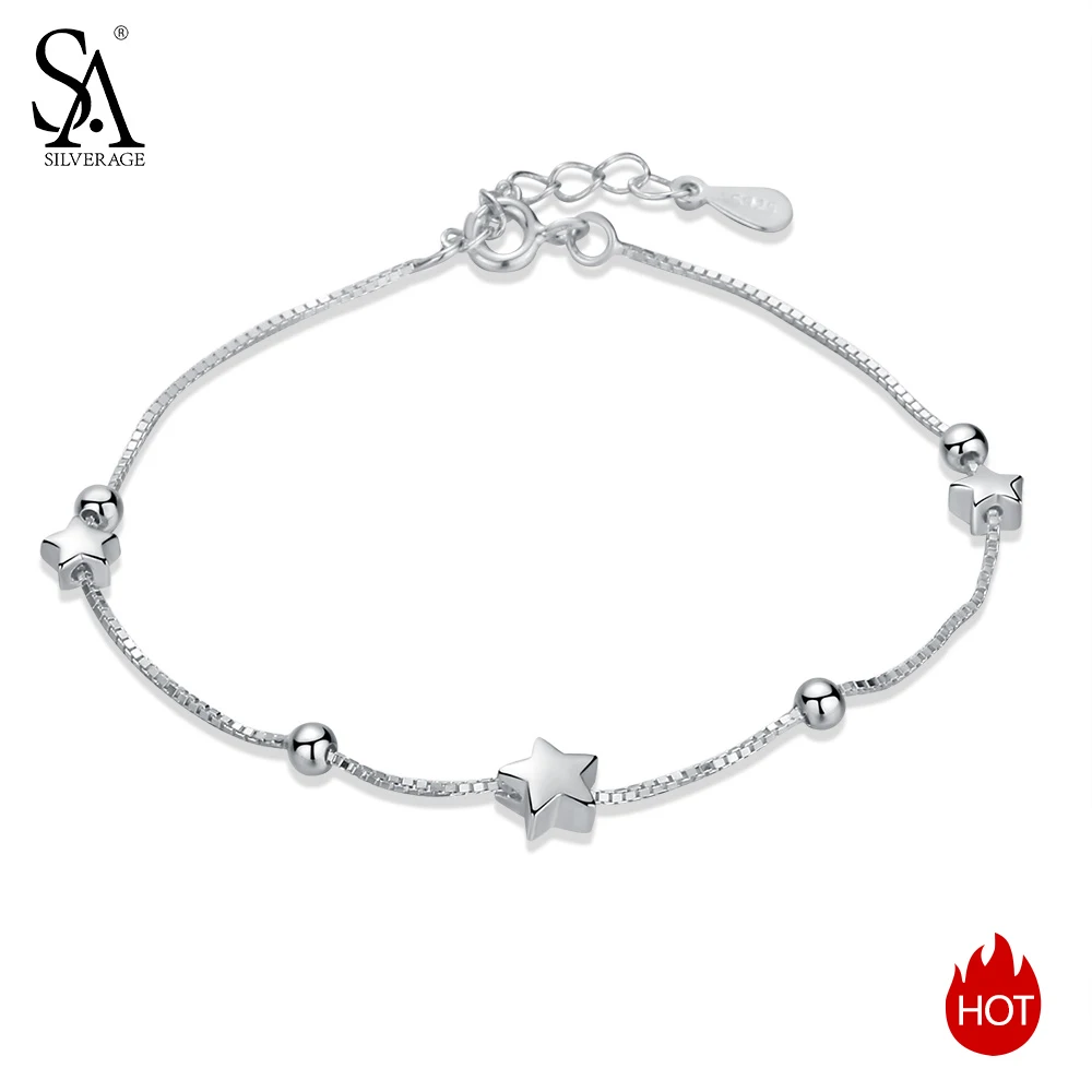 SA SILVERAGE 925 Sterling Silver Star Ball Charm Bracelets & Bangles for Women 925 Silver Women Bracelet Silver Chain Bracelet