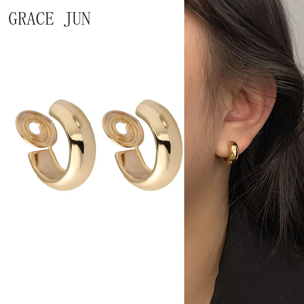 GRACE JUN-빈티지 골드 컬러 미니멀리스트 C 모양 클립 후프 귀걸이, 여성을 위한 비 피어싱 귀여운 귀걸이 파티 참 주얼리 신제품