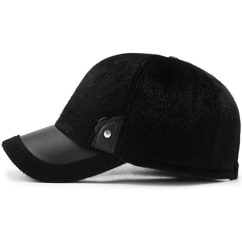 New Arrival 2024 Winter Warm Ear Flaps Baseball Caps Men Faux Mink Fur Visor Male Outdoor Black Dad Hats