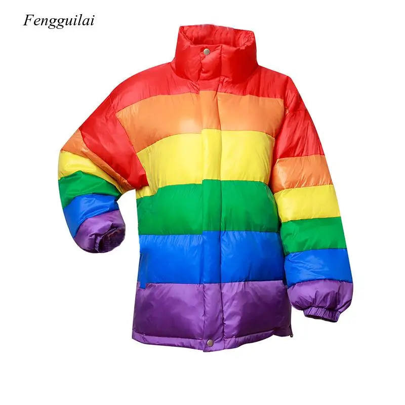 Winter Casual Down Cotton Jacket Women Rainbow Wadded Parka  Loose Striped Coat Femme Chaqueta Mujer