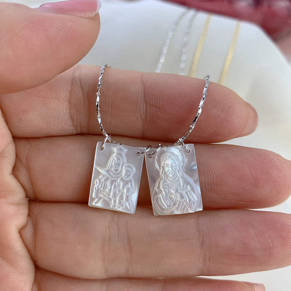 يسوع مريم العذراء Scapulary قلادة مجوهرات الدينية الفولاذ المقاوم للصدأ الأم الطبيعية اللؤلؤ قذيفة قلادة الرقبة للنساء