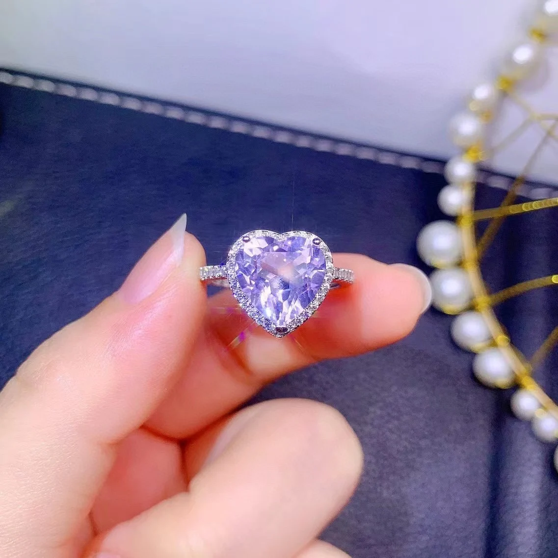 New Arrival Natural Lavender Quartz Ring 925 Sterling Silver Engagement Halo Heart Resizable Rings For Women Gift