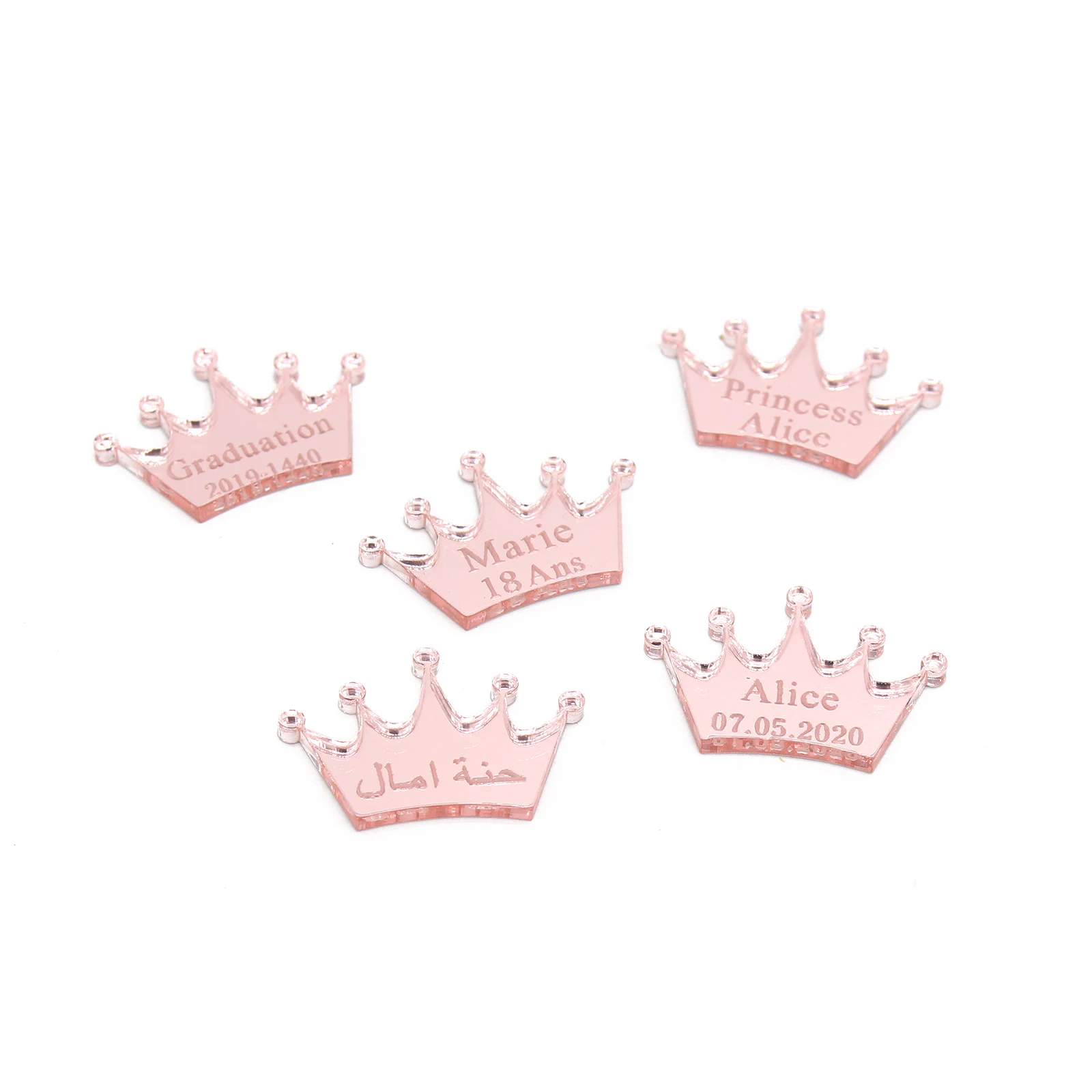 30/50/100pcs Personalized Mirror Crown Wedding Tags Table Center Decor Card Acrylic Baby Name Sign Party Favors Laser Cut Gift