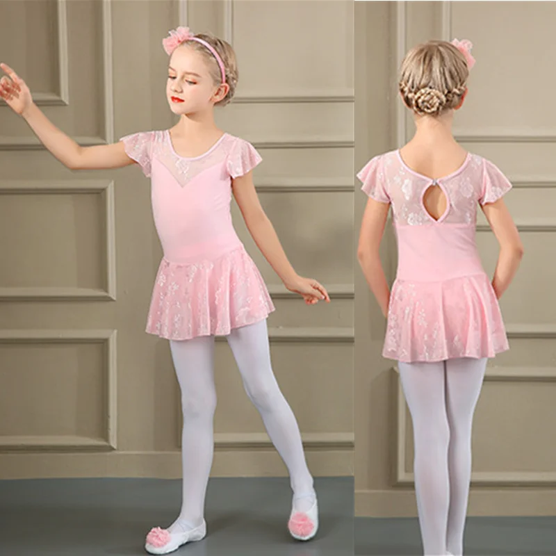 Ubrania do tańca Kid Girls praktyka ubrania koronkowa łączona sukienka z bufkami łyżwiarstwo trykoty gimnastyczne balet Princess Dance Dress