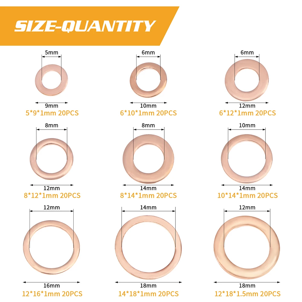 180pcs Flat Copper Washers Sealing Rings Flat Assortment Brass-plated Washers Set M5/6/8/10/12/14 Suitable for Screw