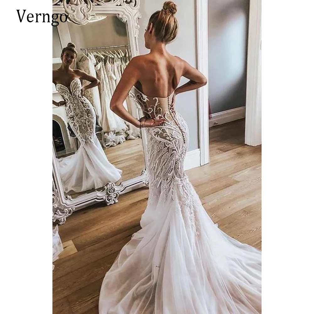 Verngo Mermaid Lace Wedding Dress Sexy Sweetheart Beads Tulle Bottom Sweep Train Fitted Stylish Bridal Gowns