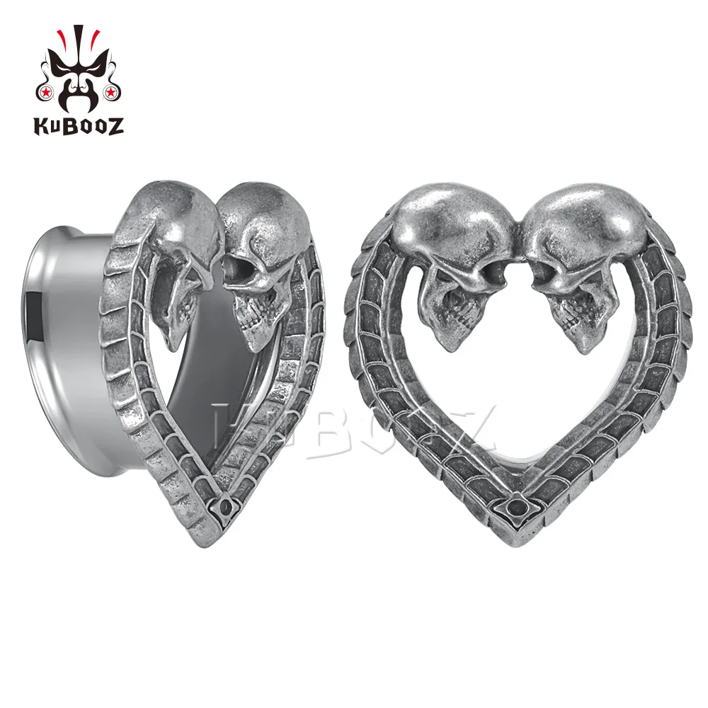 KUBOOZ New Trendy Stainless Steel Heart Skull Head Ear Piercing Tunnels Expanders Body Jewelry Earring Gauges Stretchers 2PCS