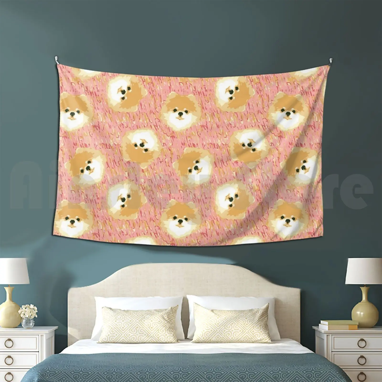 Pomeranians! Tapestry Living Room Bedroom 2366 Pomeranian Dog Cream White Beige Pink Scribble Repeating Pattern