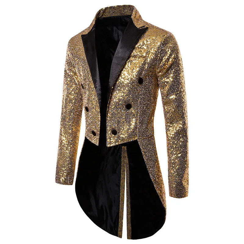 

Mens Steampunk Tailcoat Jacket Shiny Gold Sequins Gothic Victorian Medieval Frock Coat Men Dinner Party Wedding Tuxedo Blazers