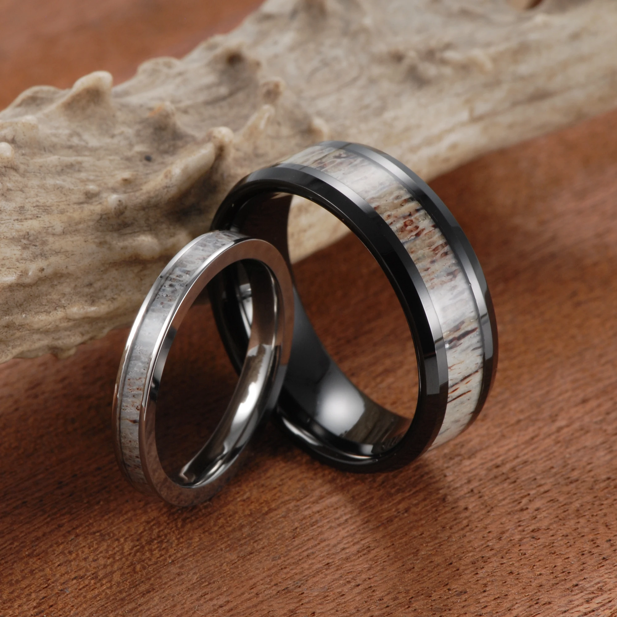 Black Deer Antler Ring Set 8mm Men's Tungsten Wedding Band 3mm Women's Titanium Ring Lovers' Couples' Wedding Engagement Ring