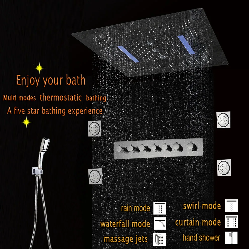 

Large flow Thermostatic Concealed Shower Mixer system Luxury LED Ceiling Shower Head Bath Shower Rain Waterfall massage jets