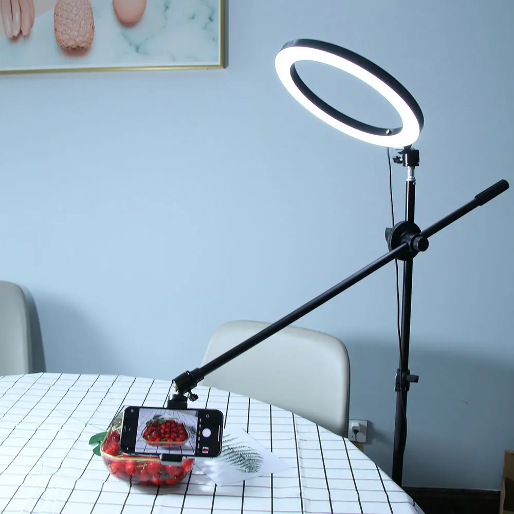 Dimmable Makeup Food Photography Lights LED Fill Light Ring Lamp Professional Phone Shooting Stand Boom Arm Photo Studio Kits