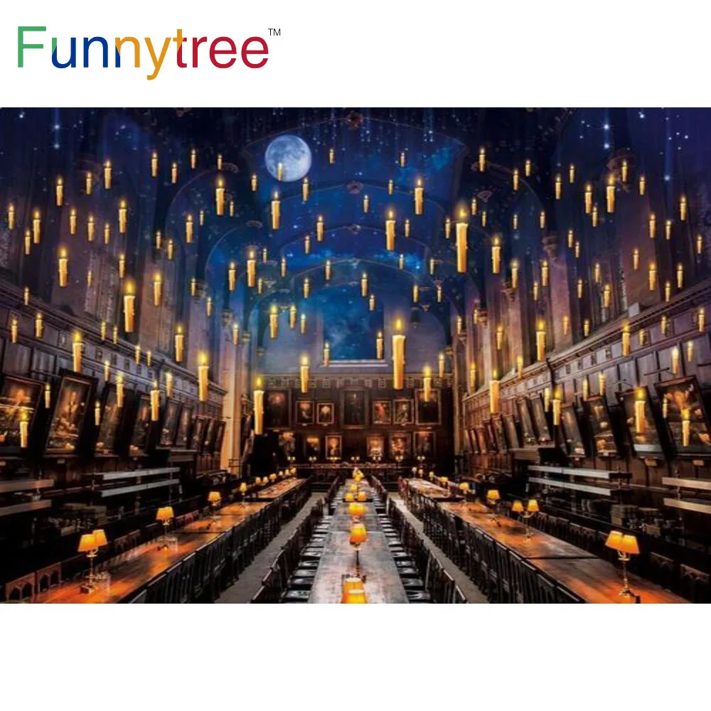 Funnytree Magical Dining Hall Church Backdrop Wizarding Night Candles Kids Birthday Custom Decor poster Banner Photo Booth