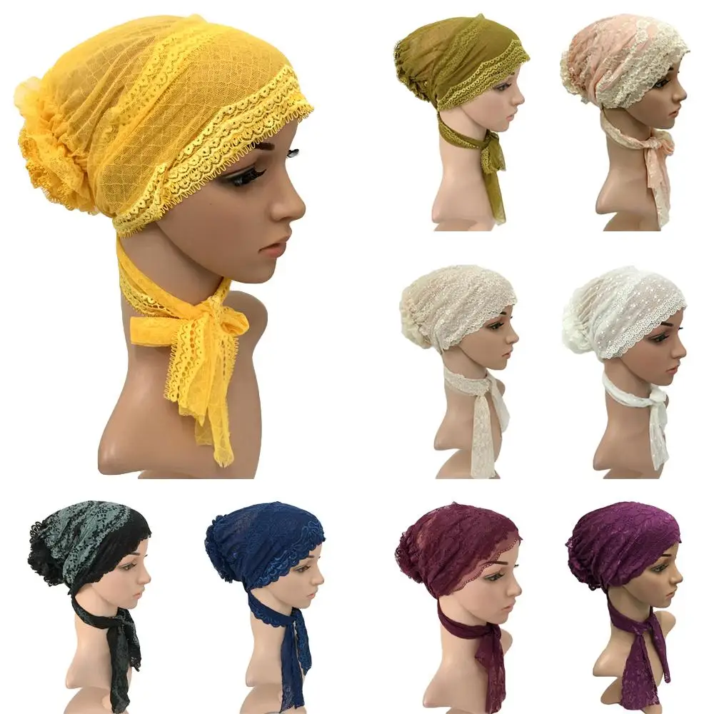 Women Lace Flower Hat Cancer Chemo Muslim Hijab Turban Cap Hair Loss Cap Head Wrap Inner Cap Long Tail Bonnet Arab Beanies New