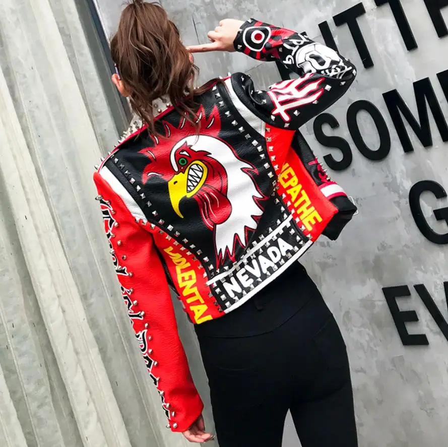 RED color soft pu leather coats Women cartoon Print Leather Jacket Turn-down collar Punk Rock Cropped Jackets faux leather coat