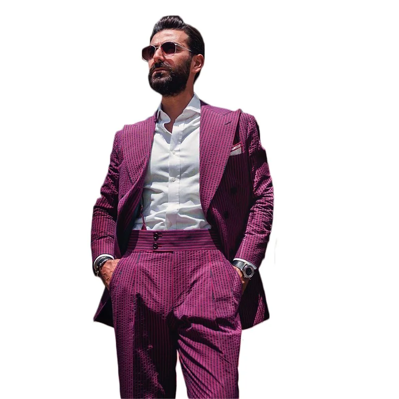 Purple Two Pieces Men Suits Custom Made Spring Suits Fashion Bubble Stripes Tuxedos Peaked Lapel Blazer Business Coat+Pant