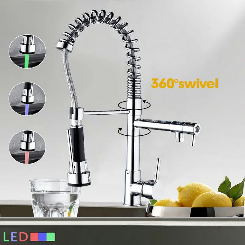 

JIENI Chrome Brass LED Kitchen Faucet Pull Down Spring Swivel Spray Kichen Sink Mixer Chrome Polish Deck Mount Water Basin Tap