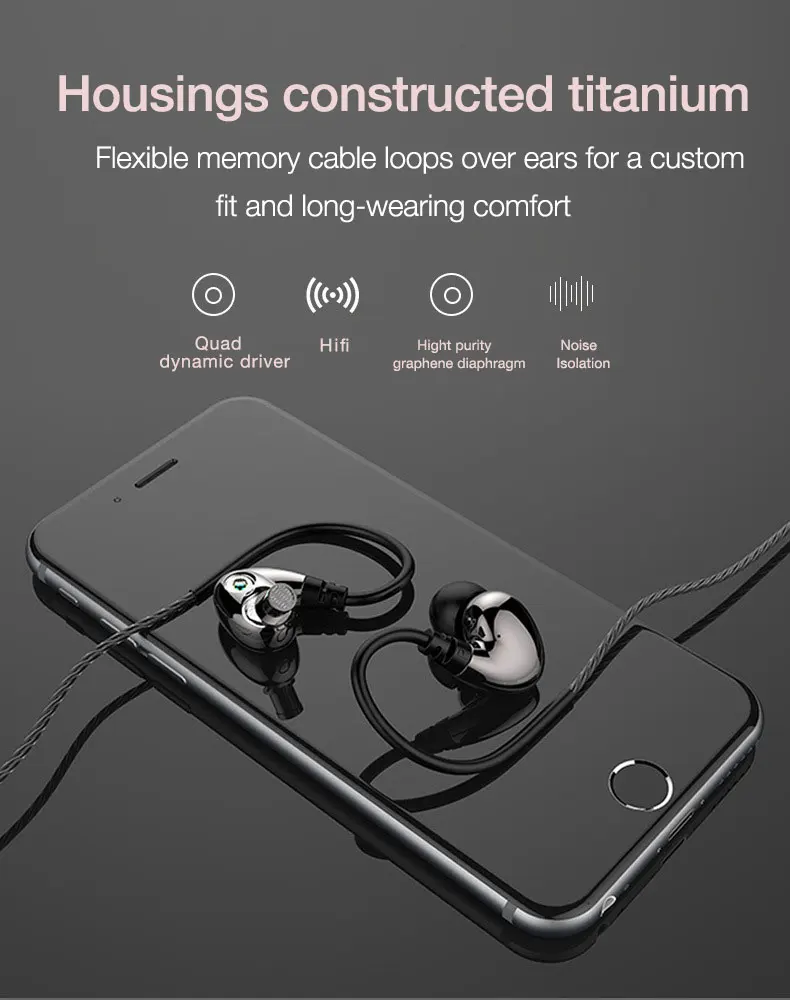 Studio Earphone Dual Phase Drivers Headphones In-ear Audiophile Headset Hi-Res and High-Fidelity Stereo with Ergonomic Titanium