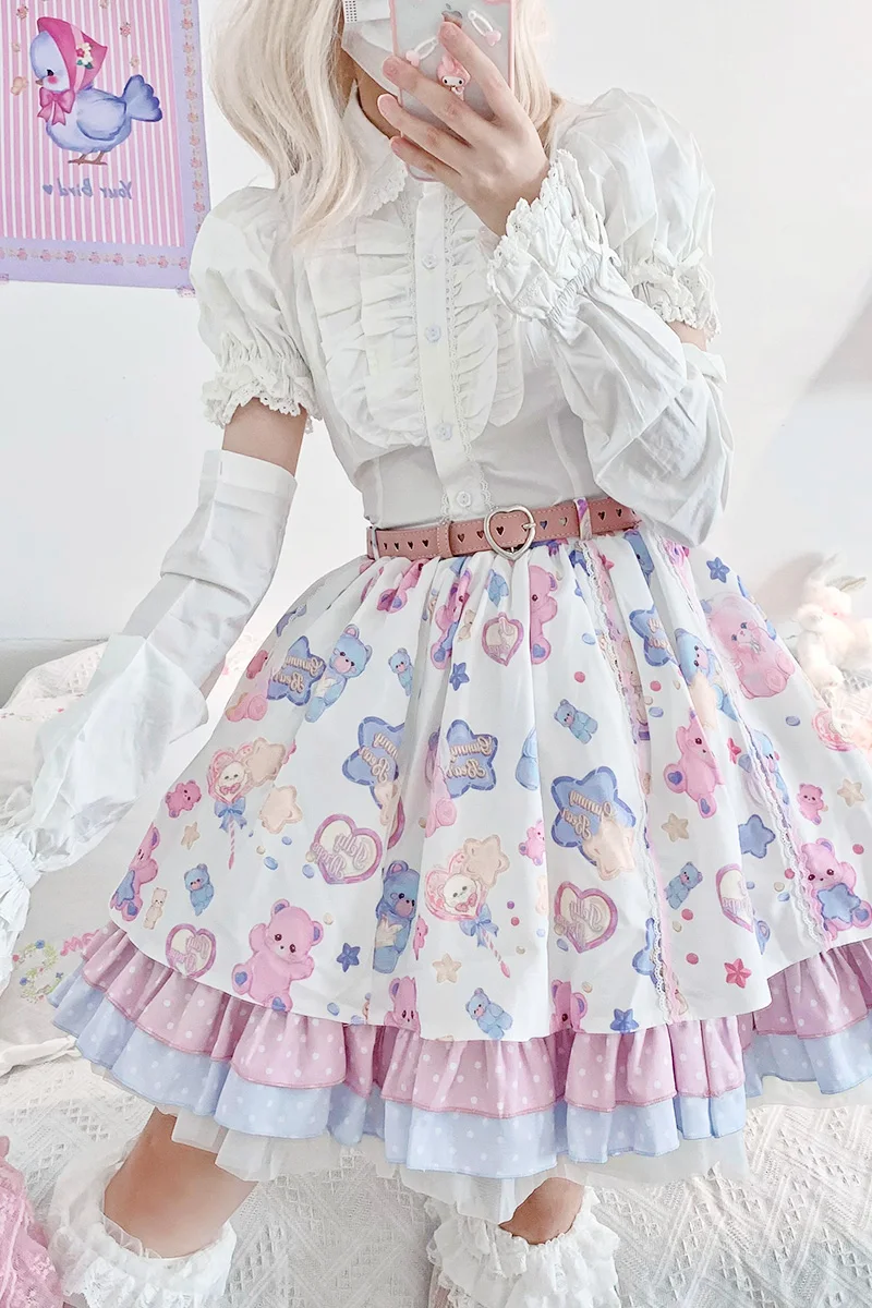 Lovely Bear Sweet Soft Cute Girl Cake Skirt Lolita vita alta simpatico cartone animato moda Kawaii Girl Lace Bowknot Cosplay Cos Loli